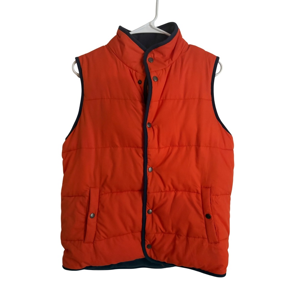 Mini Boden Kids Orange Puffer Vest Navy Fleece Lined Quilted Snap Front 13-14Y